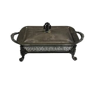 Vintage Anchor Hocking Fire King Glass Casserole Dish With Silver Tray / Lid GUC